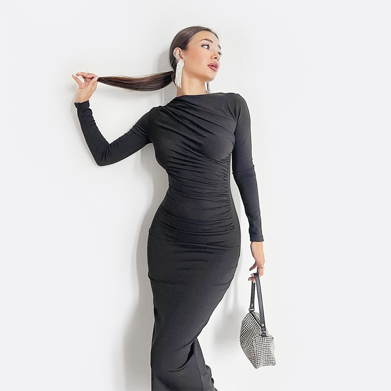 2024 New Arrival Women Casual O-Neck Long Sleeve Stacked Maxi Dress